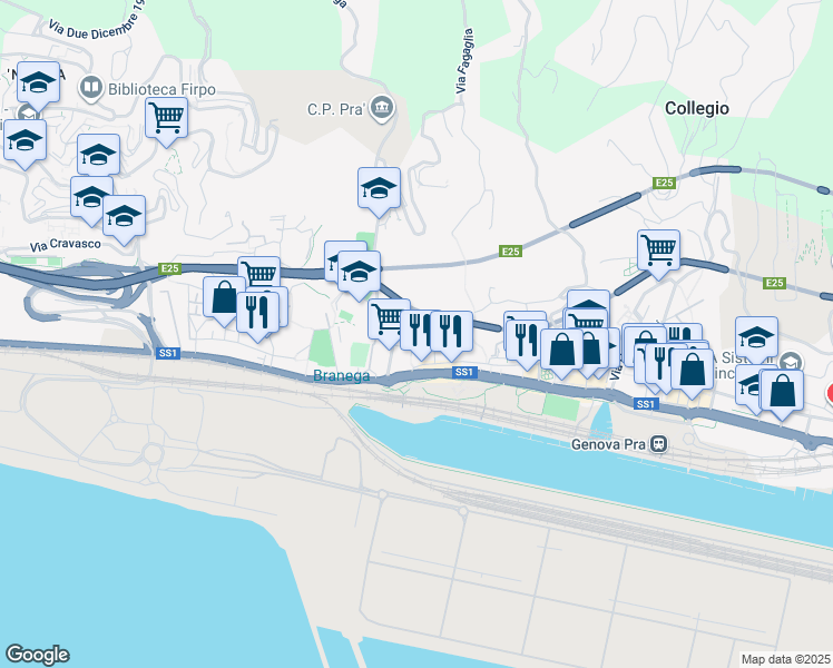 map of restaurants, bars, coffee shops, grocery stores, and more near 73 Via Zuccarello in Genova