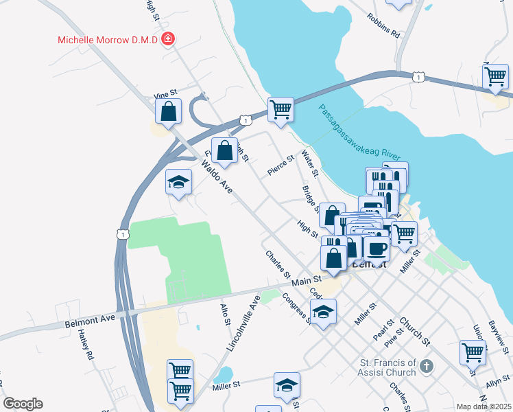 map of restaurants, bars, coffee shops, grocery stores, and more near 11 John Street in Belfast