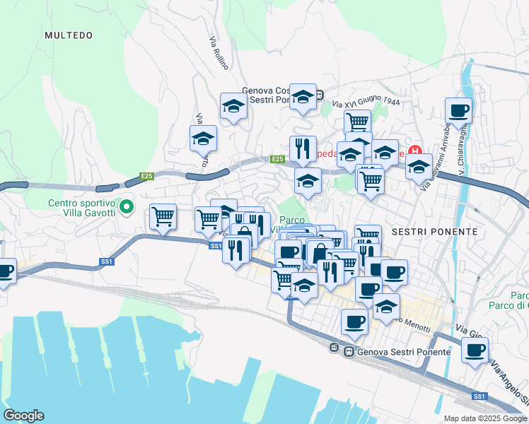 map of restaurants, bars, coffee shops, grocery stores, and more near 9 Via Antonio Manno in Genova