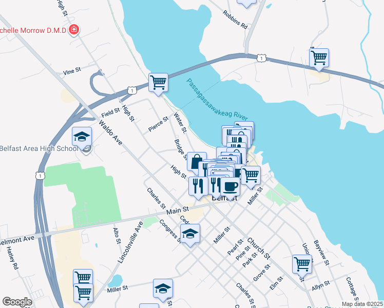 map of restaurants, bars, coffee shops, grocery stores, and more near 76 Front Street in Belfast