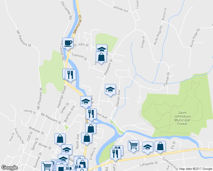 map of restaurants, bars, coffee shops, grocery stores, and more near 33 Stiles Terrace in Saint Johnsbury