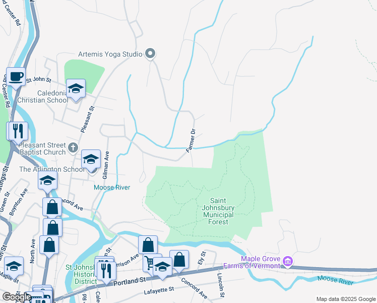 map of restaurants, bars, coffee shops, grocery stores, and more near 309 Farmer Drive in Saint Johnsbury
