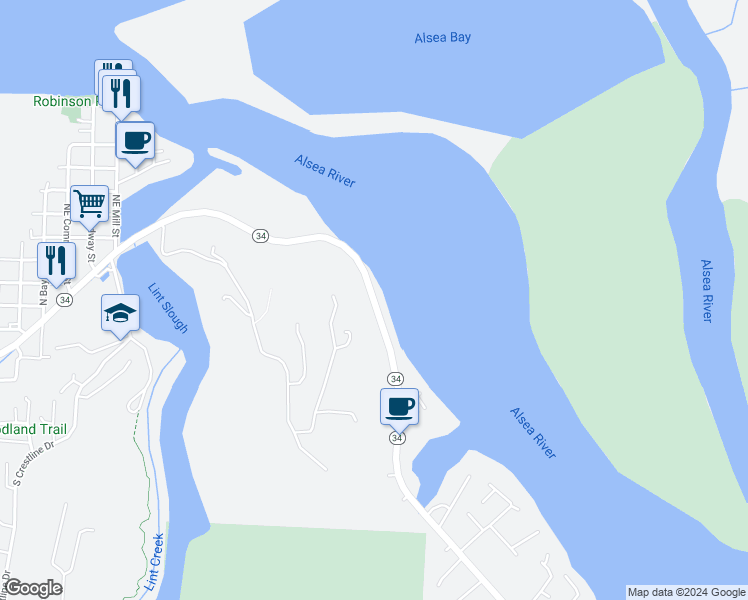 map of restaurants, bars, coffee shops, grocery stores, and more near 1630 Alsea Highway in Waldport