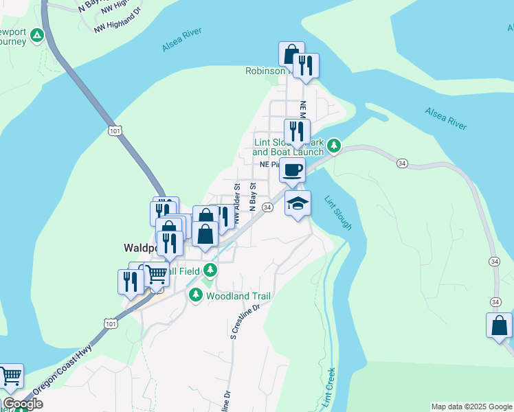 map of restaurants, bars, coffee shops, grocery stores, and more near 425 North Bay Street in Waldport