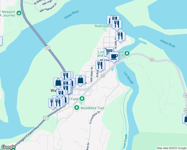 map of restaurants, bars, coffee shops, grocery stores, and more near 425 North Bay Street in Waldport