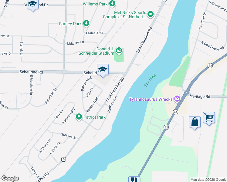 map of restaurants, bars, coffee shops, grocery stores, and more near 1762 Lost Dauphin Road in De Pere