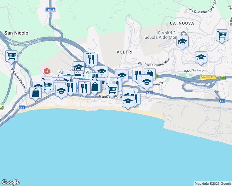 map of restaurants, bars, coffee shops, grocery stores, and more near 11R Vico Monteverde in Genova