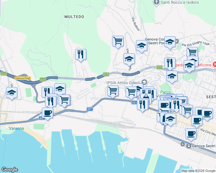 map of restaurants, bars, coffee shops, grocery stores, and more near 2 Via della Insurrezione 23 - 25 Aprile 1945 in Genoa