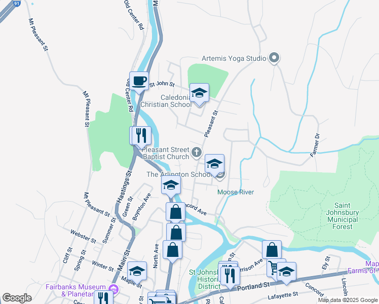 map of restaurants, bars, coffee shops, grocery stores, and more near 183 Pleasant Street in Saint Johnsbury