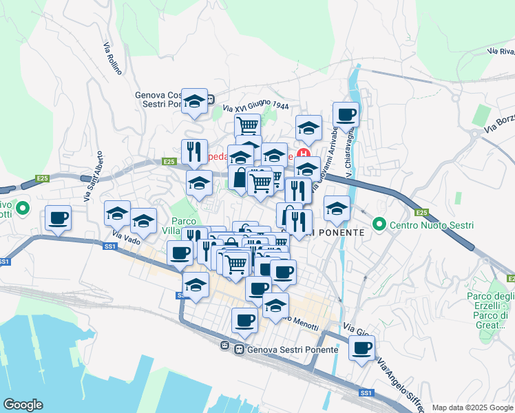map of restaurants, bars, coffee shops, grocery stores, and more near 14 Via San Luigi in Genoa