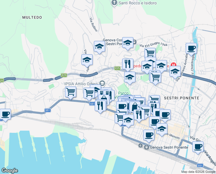 map of restaurants, bars, coffee shops, grocery stores, and more near 9 Via Antonio Manno in Genova