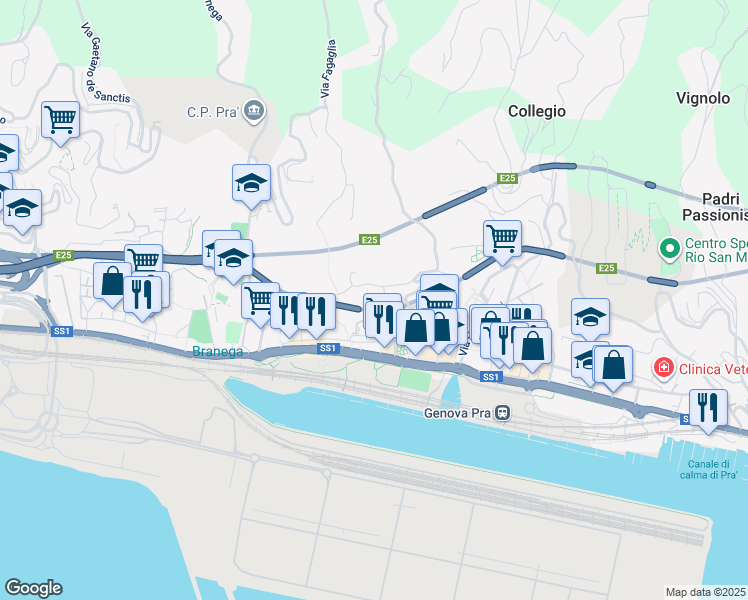 map of restaurants, bars, coffee shops, grocery stores, and more near Via Albenga in Genoa