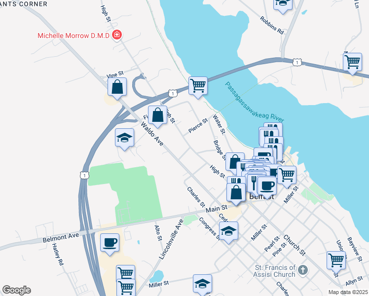 map of restaurants, bars, coffee shops, grocery stores, and more near 11 John Street in Belfast