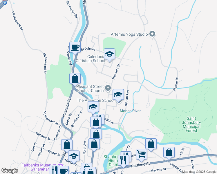 map of restaurants, bars, coffee shops, grocery stores, and more near 33 Stiles Terrace in Saint Johnsbury