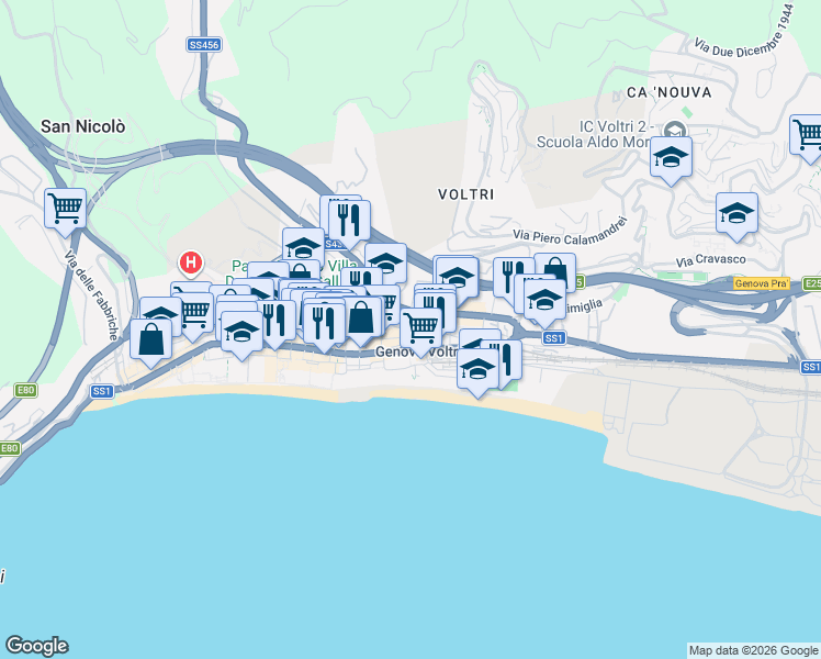 map of restaurants, bars, coffee shops, grocery stores, and more near 11R Vico Monteverde in Genova