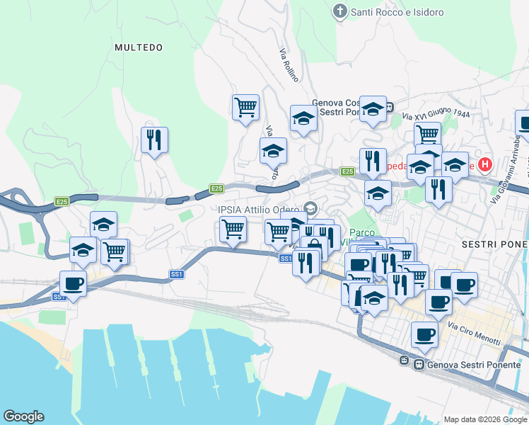 map of restaurants, bars, coffee shops, grocery stores, and more near Via Case Libertas in Genoa
