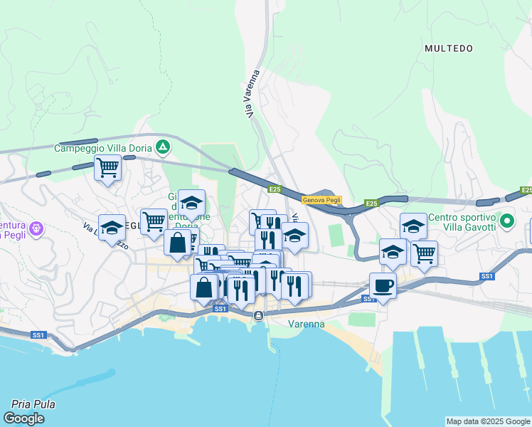map of restaurants, bars, coffee shops, grocery stores, and more near Via XVIII Fanciulli in Genoa