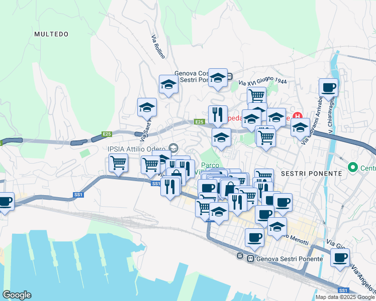 map of restaurants, bars, coffee shops, grocery stores, and more near 11 Via Antonio Manno in Genova