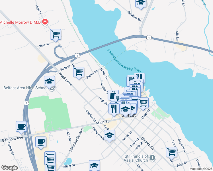 map of restaurants, bars, coffee shops, grocery stores, and more near 76 Front Street in Belfast