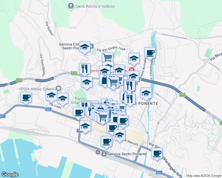 map of restaurants, bars, coffee shops, grocery stores, and more near 14 Via San Luigi in Genoa