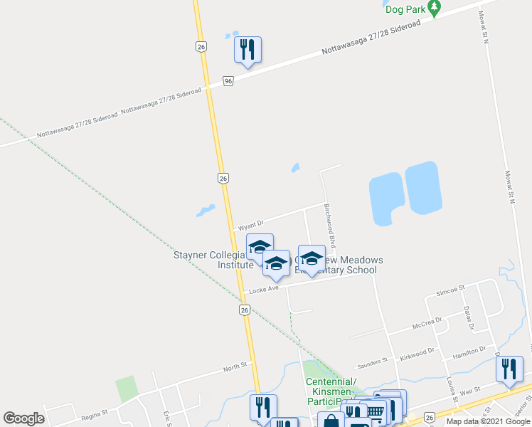 map of restaurants, bars, coffee shops, grocery stores, and more near 14 Wyant Road in Stayner