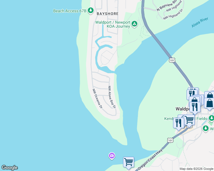map of restaurants, bars, coffee shops, grocery stores, and more near 401-499 Northwest Alsea Bay Drive in Waldport