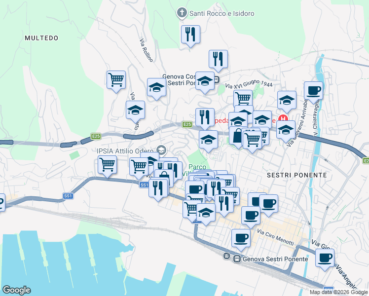 map of restaurants, bars, coffee shops, grocery stores, and more near 16a Via Gian Pietro Sery in Genova