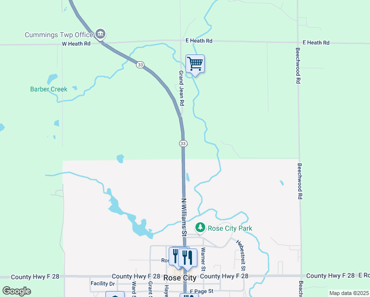 map of restaurants, bars, coffee shops, grocery stores, and more near 3359 North Mio Road in Rose City