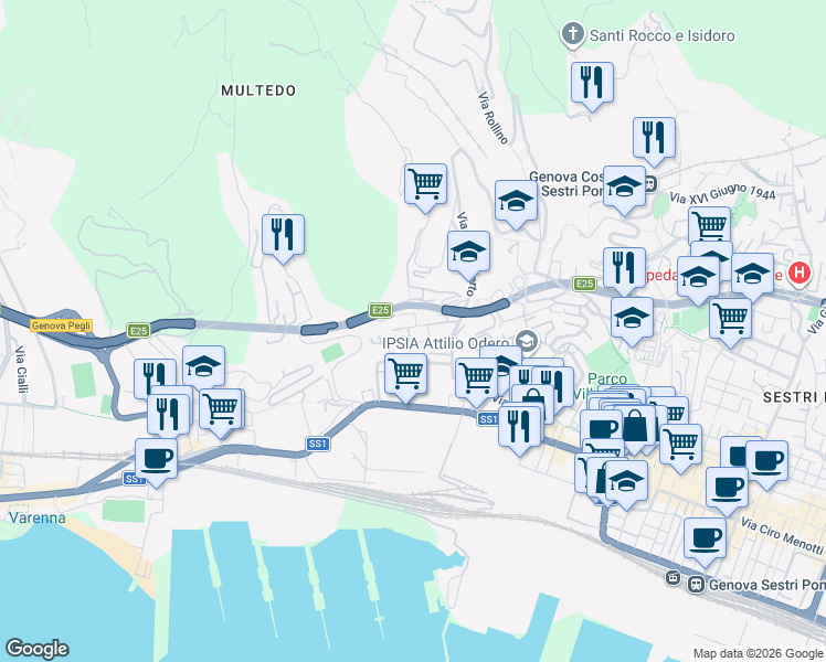 map of restaurants, bars, coffee shops, grocery stores, and more near Viale Villini Rollino in Genoa