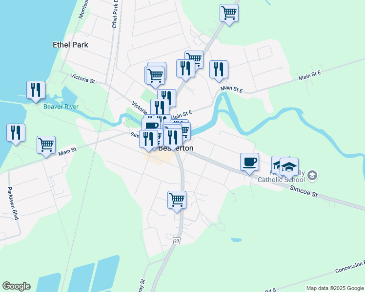 map of restaurants, bars, coffee shops, grocery stores, and more near 390 Simcoe Street in Beaverton