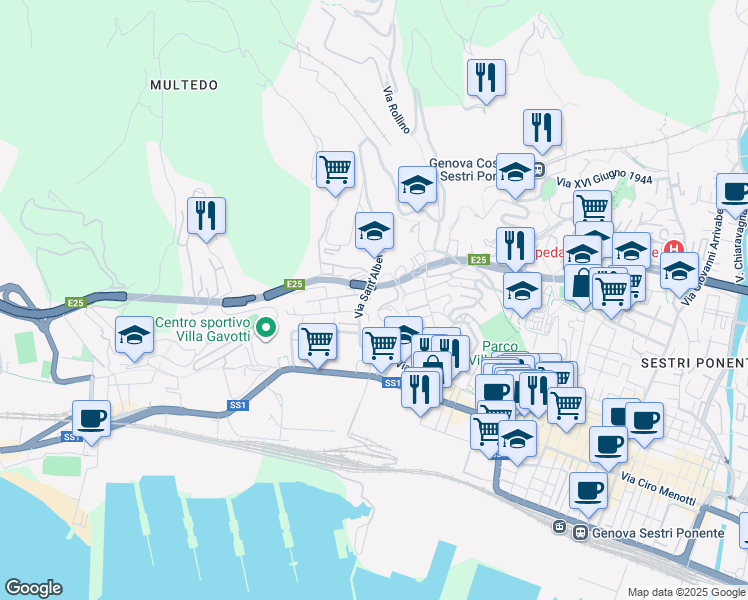 map of restaurants, bars, coffee shops, grocery stores, and more near Autostrada dei Fiori in Genova