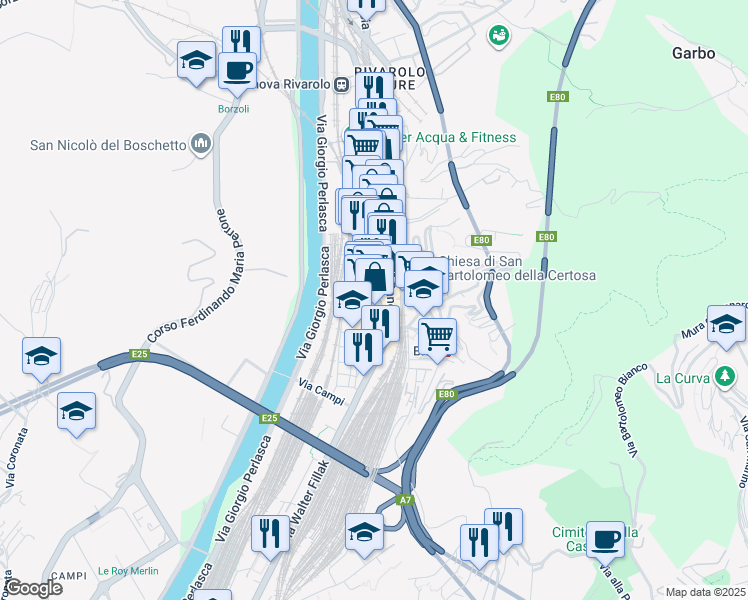 map of restaurants, bars, coffee shops, grocery stores, and more near 5 Piazza Errico Petrella in Genova