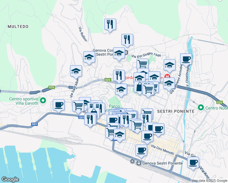map of restaurants, bars, coffee shops, grocery stores, and more near Salita Cataldi in Genoa