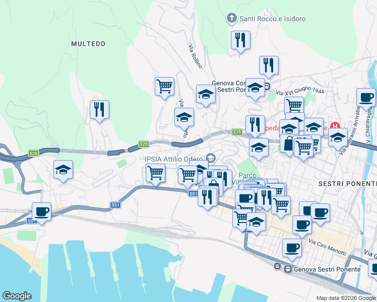 map of restaurants, bars, coffee shops, grocery stores, and more near Autostrada dei Fiori in Genova