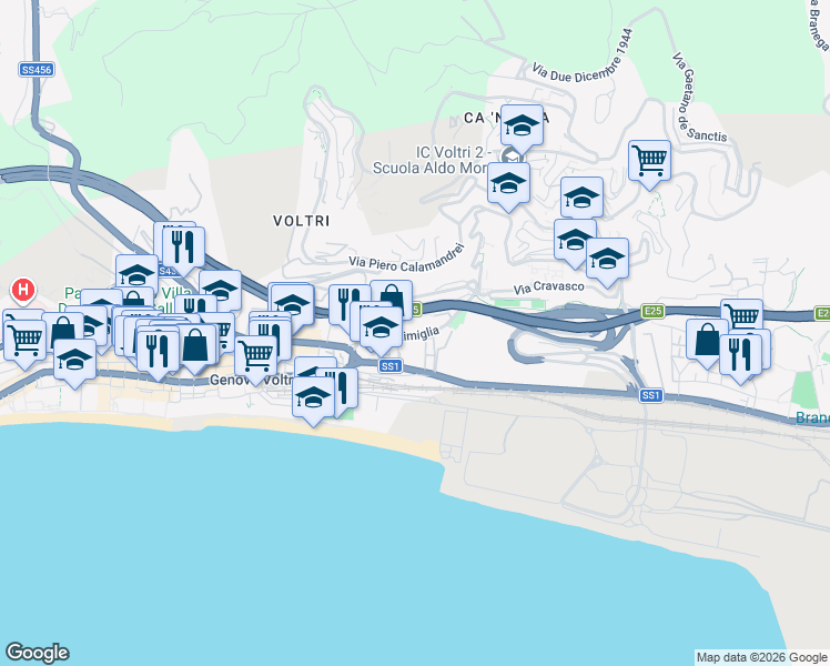 map of restaurants, bars, coffee shops, grocery stores, and more near 93 Via Ventimiglia in Genova