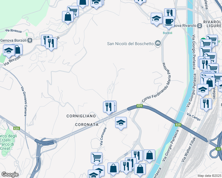 map of restaurants, bars, coffee shops, grocery stores, and more near 6 Via del Boschetto in Genova