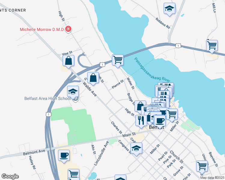 map of restaurants, bars, coffee shops, grocery stores, and more near 8A Pierce Street in Belfast