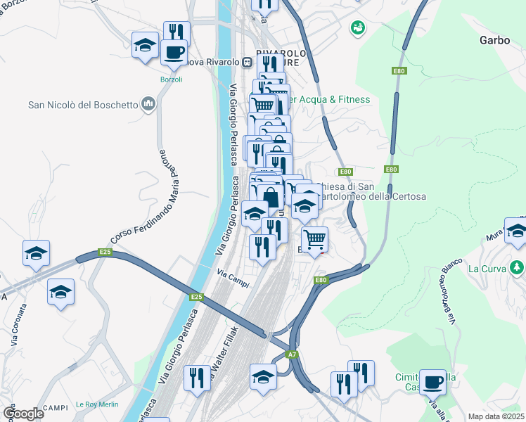 map of restaurants, bars, coffee shops, grocery stores, and more near 5 Piazza Errico Petrella in Genova