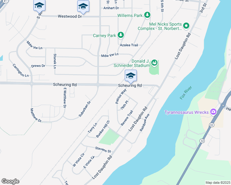 map of restaurants, bars, coffee shops, grocery stores, and more near 1700 Patriot Way in De Pere
