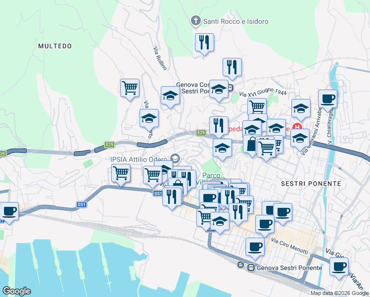 map of restaurants, bars, coffee shops, grocery stores, and more near 16a Via Gian Pietro Sery in Genova
