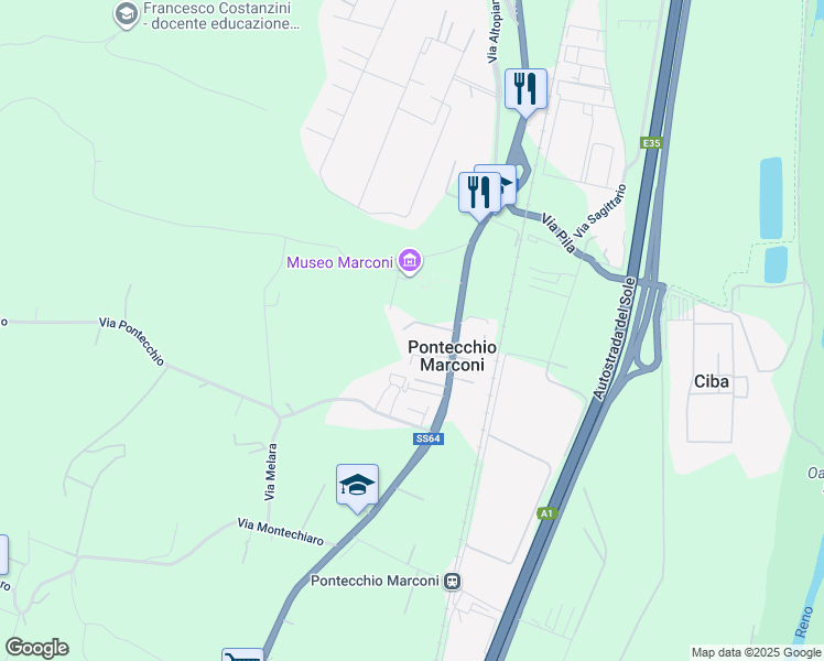 map of restaurants, bars, coffee shops, grocery stores, and more near 112 Via Porrettana in Pontecchio Marconi