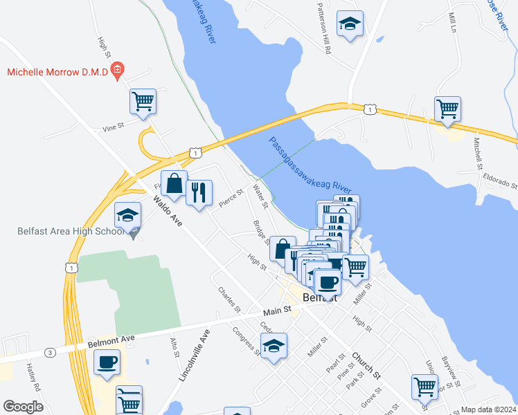 map of restaurants, bars, coffee shops, grocery stores, and more near 18 Bridge Street in Belfast