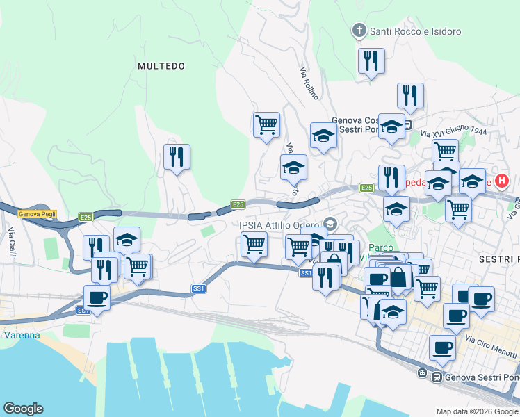 map of restaurants, bars, coffee shops, grocery stores, and more near Viale Villini Rollino in Genoa