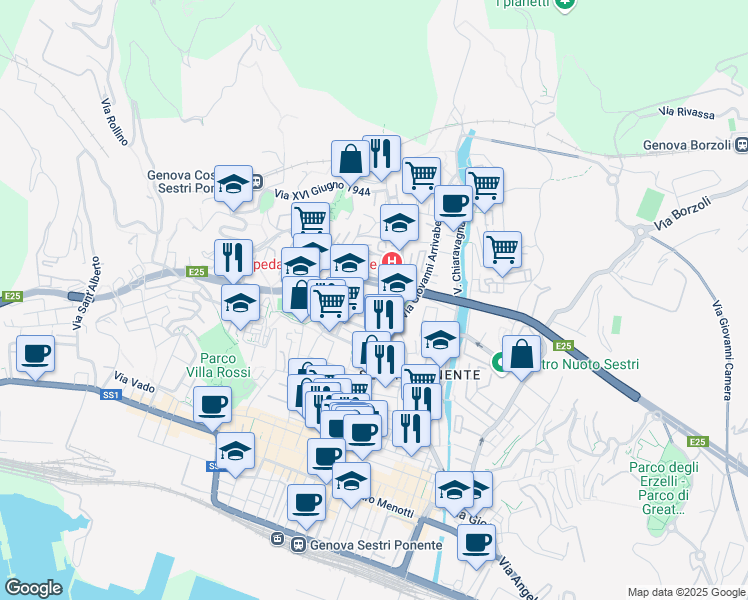 map of restaurants, bars, coffee shops, grocery stores, and more near 10 Via Domenico Oliva in Genoa