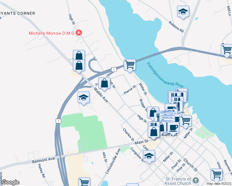 map of restaurants, bars, coffee shops, grocery stores, and more near 130 High Street in Belfast