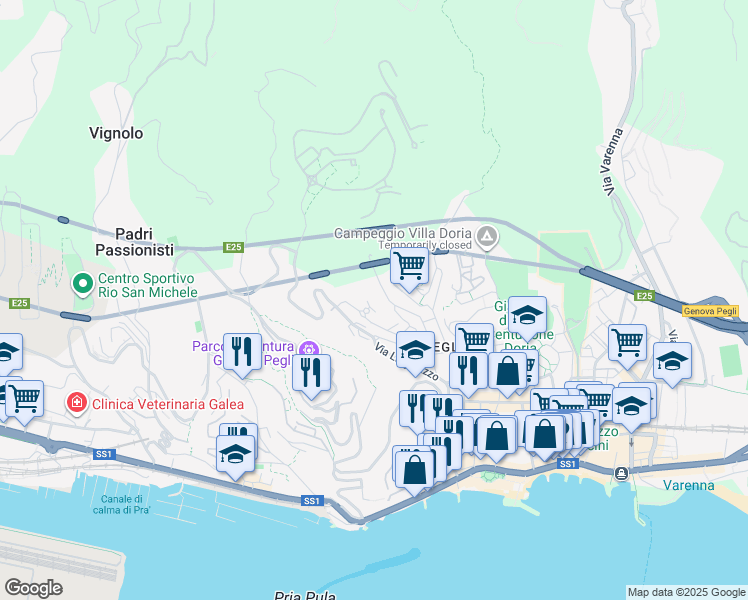 map of restaurants, bars, coffee shops, grocery stores, and more near 56 Via Emilio Salgari in Genova