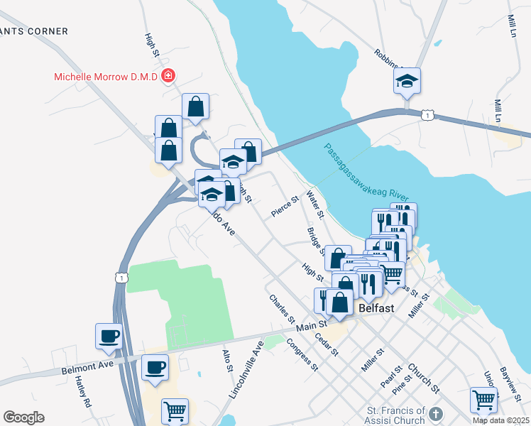 map of restaurants, bars, coffee shops, grocery stores, and more near 130 High Street in Belfast