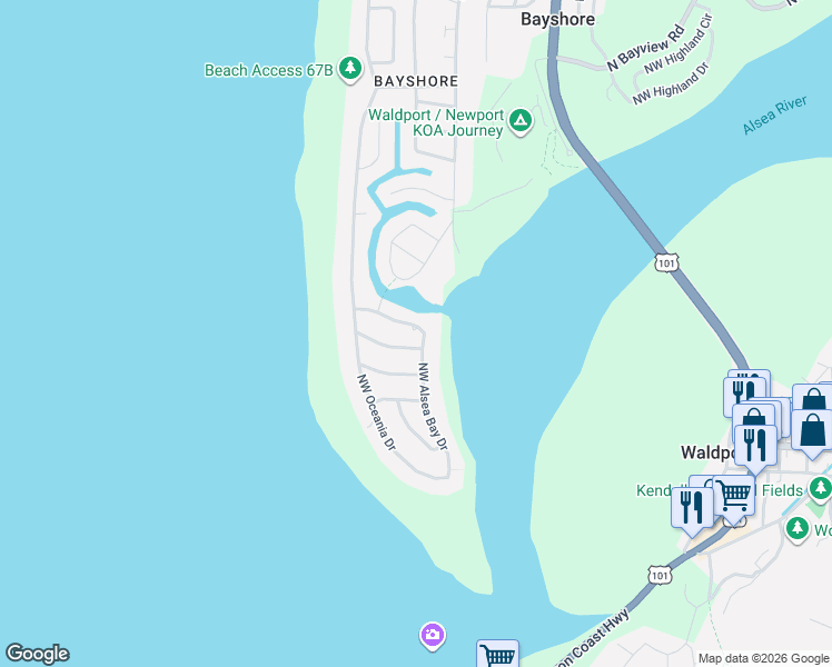 map of restaurants, bars, coffee shops, grocery stores, and more near 401-499 Northwest Alsea Bay Drive in Waldport