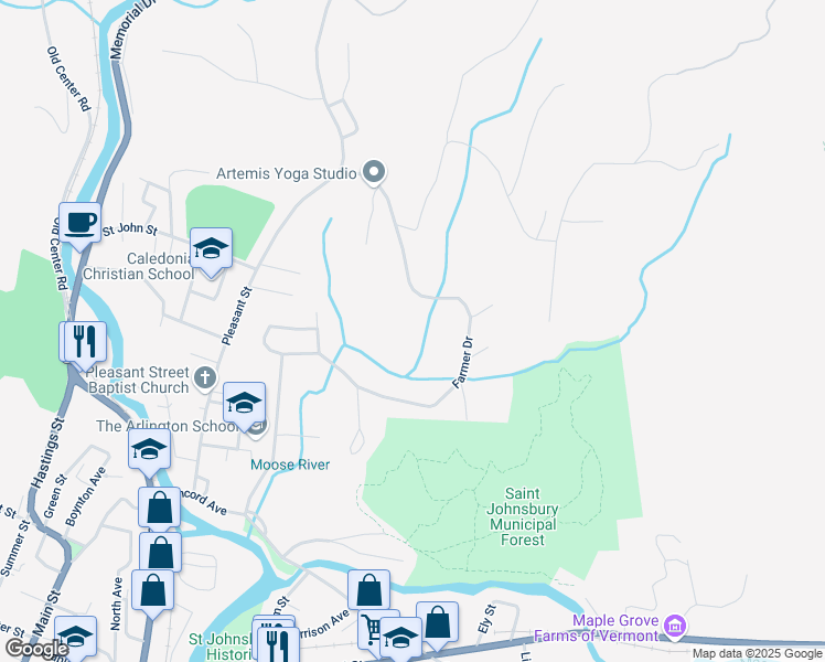 map of restaurants, bars, coffee shops, grocery stores, and more near 599 Farmer Drive in Saint Johnsbury