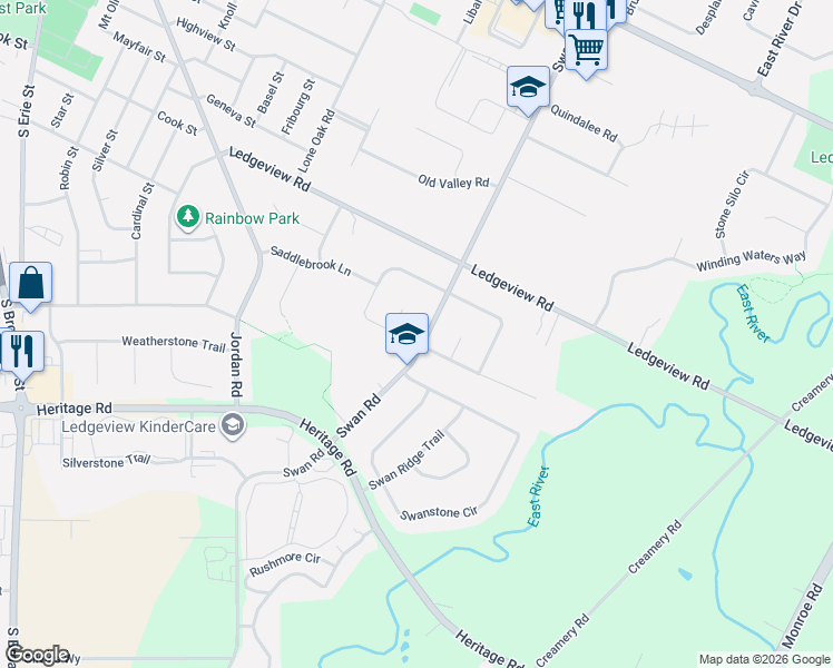 map of restaurants, bars, coffee shops, grocery stores, and more near 1162 Swan Road in De Pere